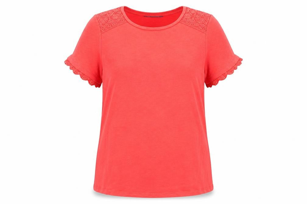 Marks & Spencer Womens Red Cotton Basic T-Shirt Size 12 Round Neck - Crocheted Lace Detail