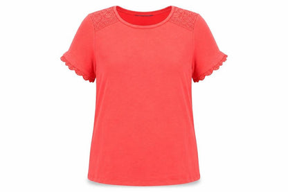 Marks & Spencer Womens Red Cotton Basic T-Shirt Size 12 Round Neck - Crocheted Lace Detail