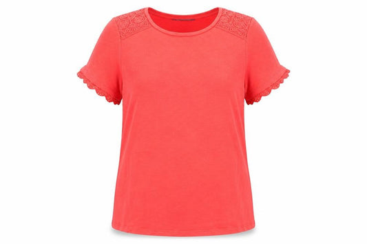 Marks & Spencer Womens Red Cotton Basic T-Shirt Size 12 Round Neck - Crocheted Lace Detail