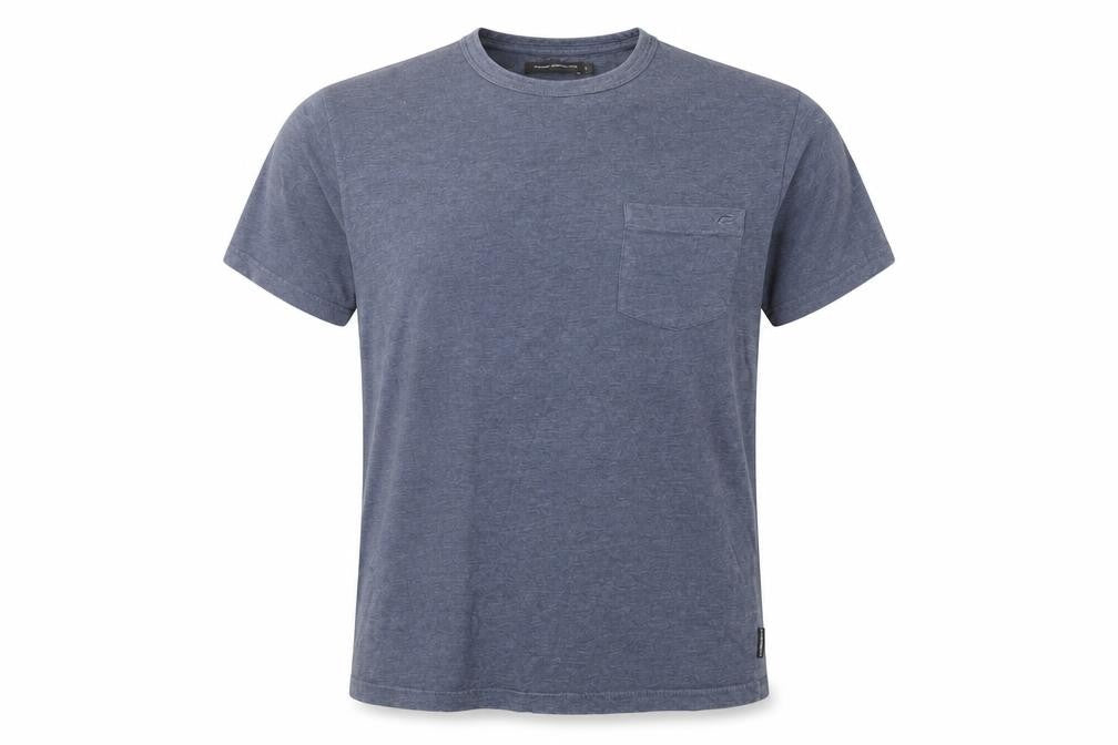 Front view of French Connection men’s blue cotton t-shirt, size L, crew neck - pocket detail