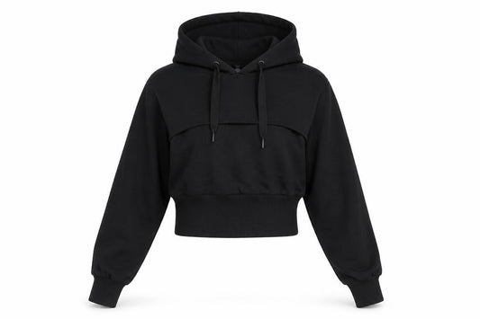 Front view of ASOS women’s black cotton pullover hoodie, size UK 8, pullover - cut out detail