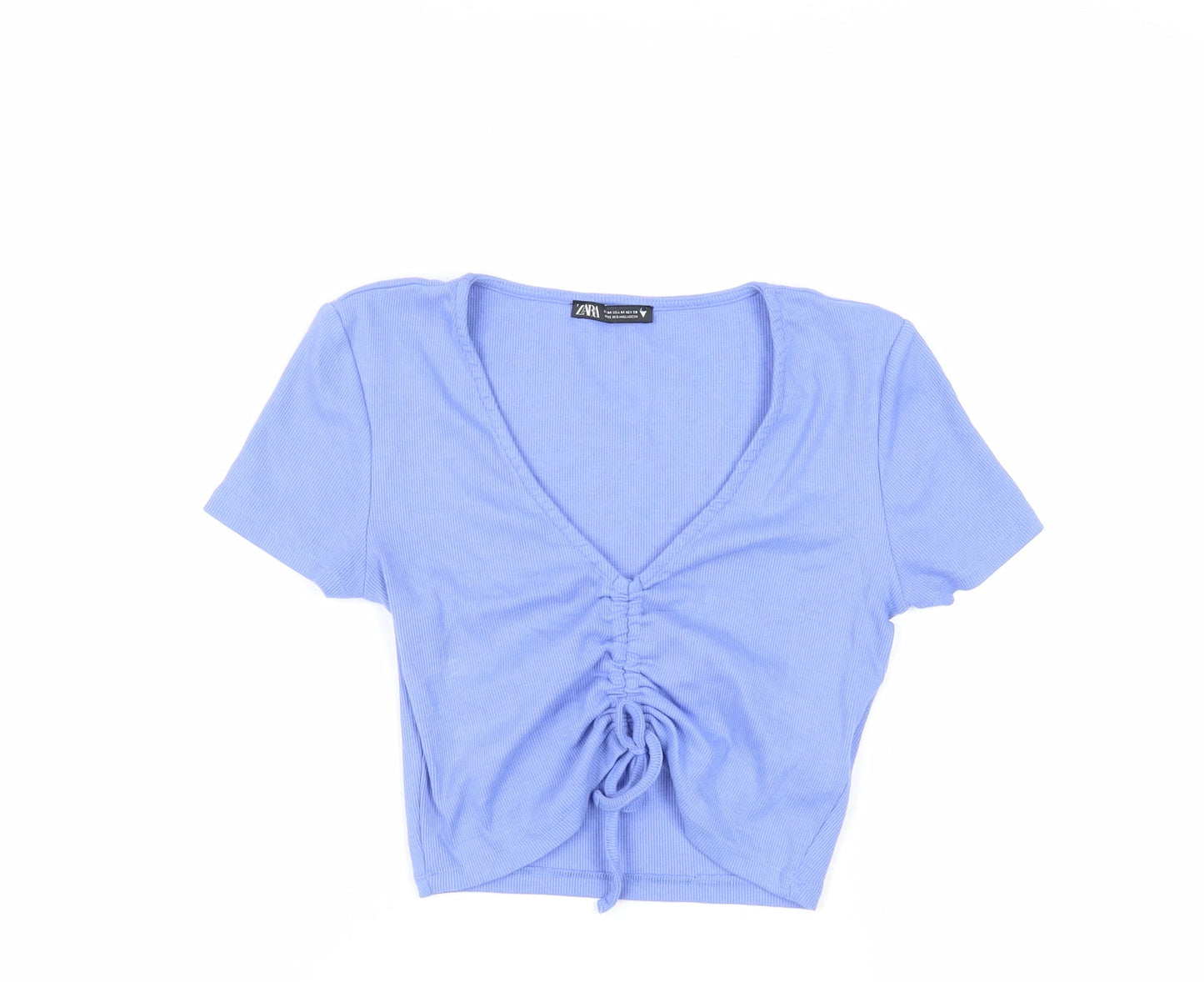 Zara Womens Blue Cotton Cropped T-Shirt Size M V-Neck - Ruched Detail
