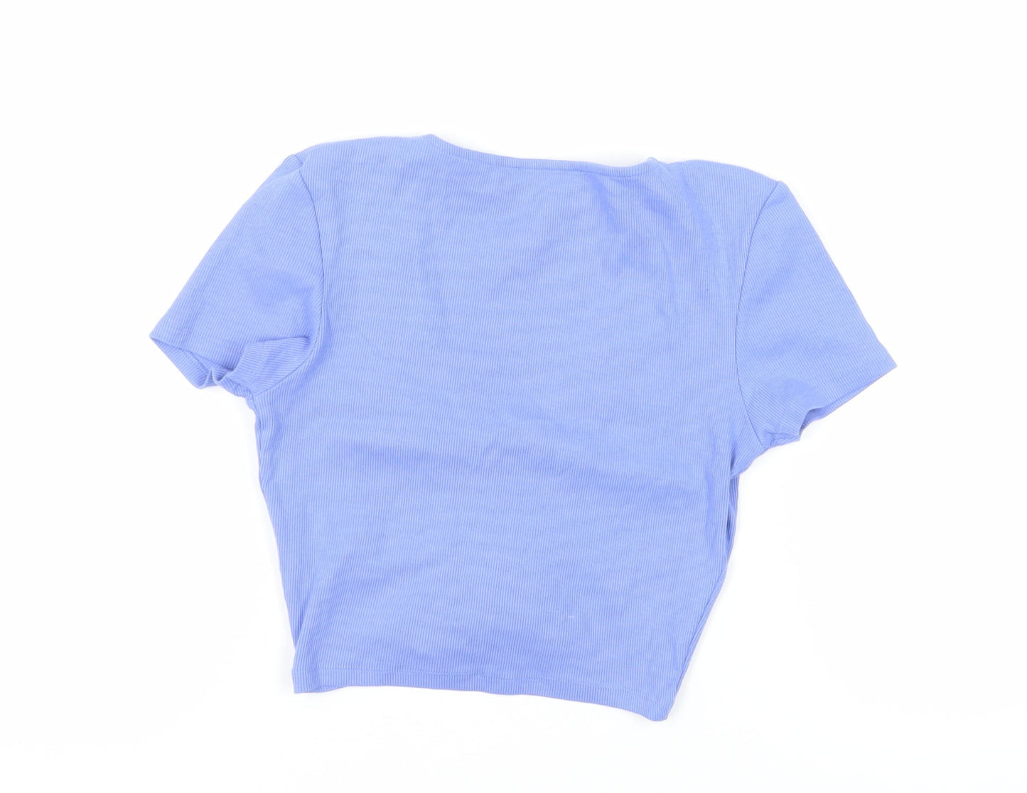 Zara Womens Blue Cotton Cropped T-Shirt Size M V-Neck - Ruched Detail