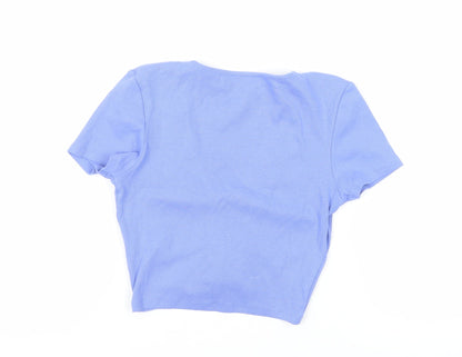 Zara Womens Blue Cotton Cropped T-Shirt Size M V-Neck - Ruched Detail