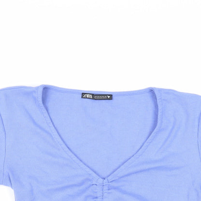 Zara Womens Blue Cotton Cropped T-Shirt Size M V-Neck - Ruched Detail