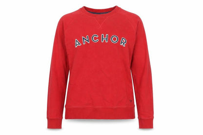Front view of Crew Clothing women’s red cotton pullover sweatshirt, size UK 8, pullover - anchor