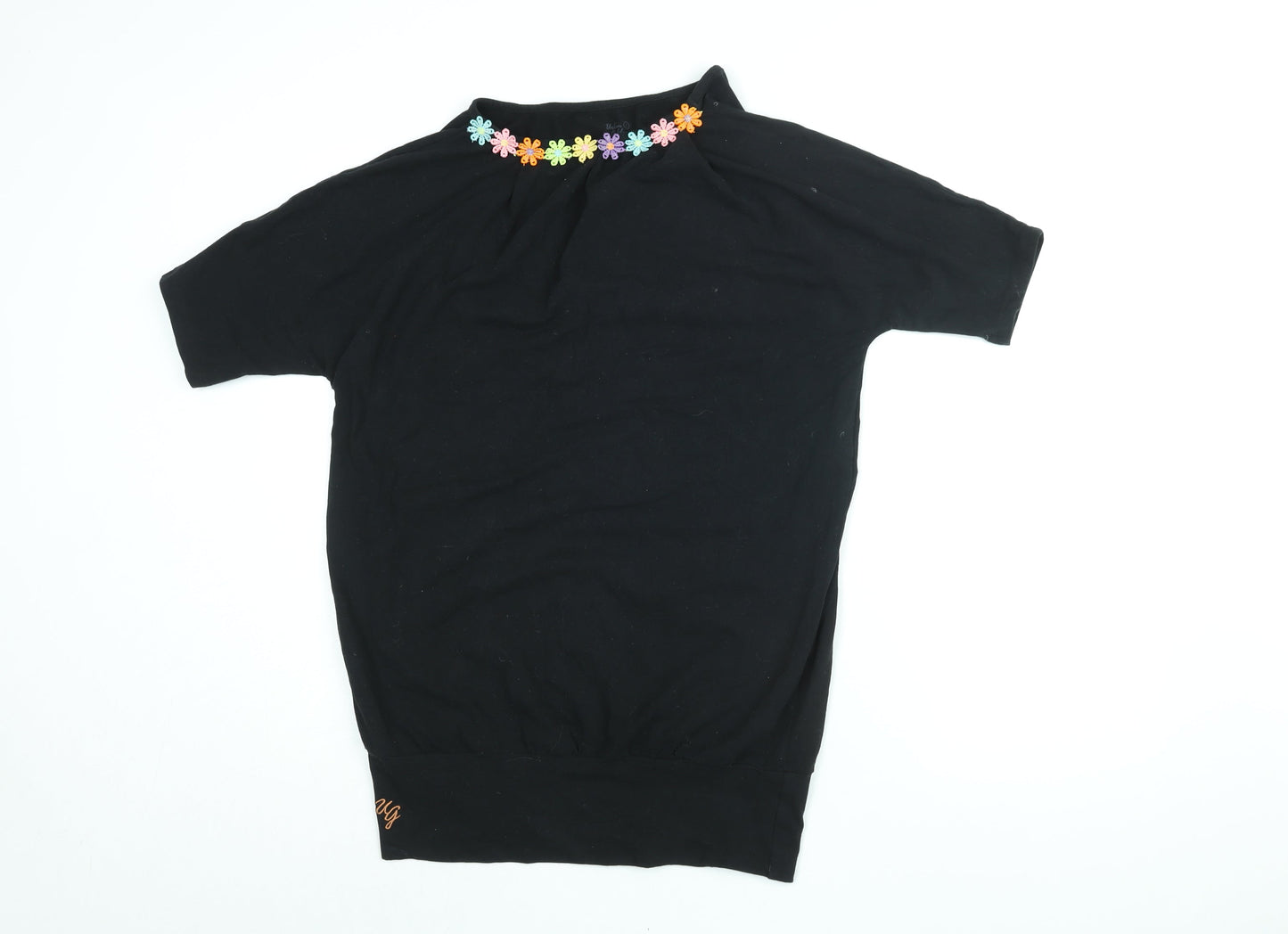 Urban Goddess Womens Black Floral Cotton Basic T-Shirt Size L Round Neck