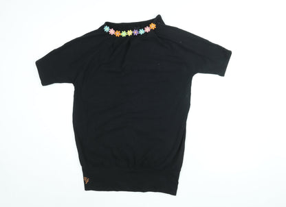 Urban Goddess Womens Black Floral Cotton Basic T-Shirt Size L Round Neck