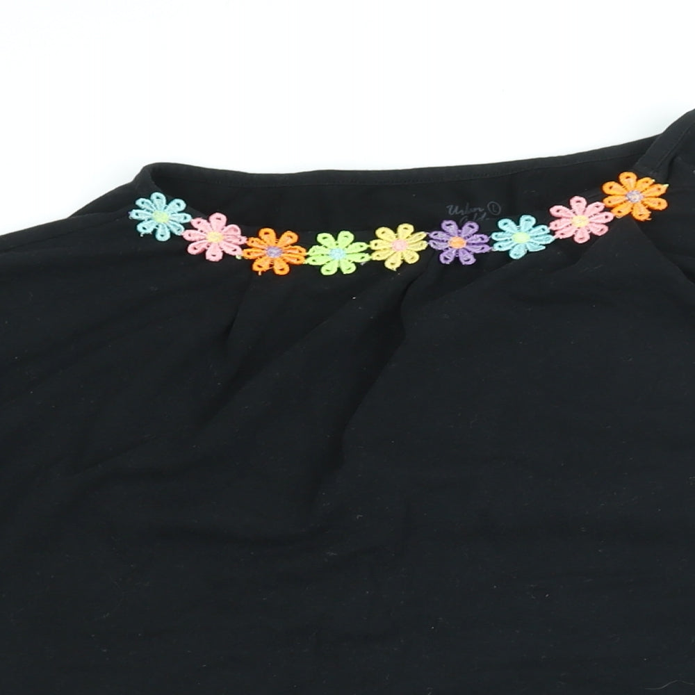 Urban Goddess Womens Black Floral Cotton Basic T-Shirt Size L Round Neck
