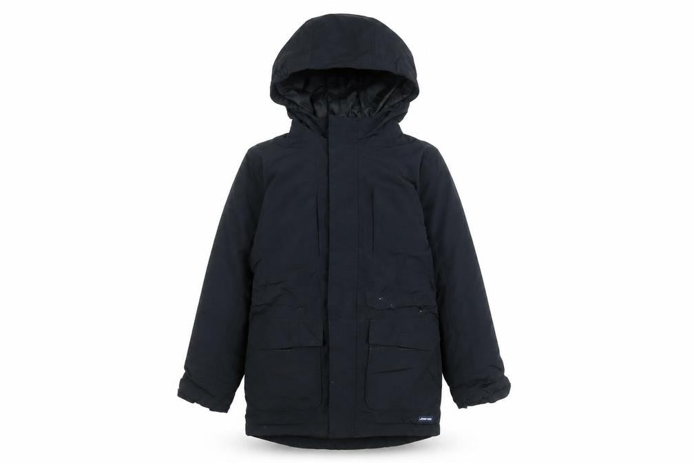 Front view of Lands' End boys’ black rain coat coat, size 8, years zip
