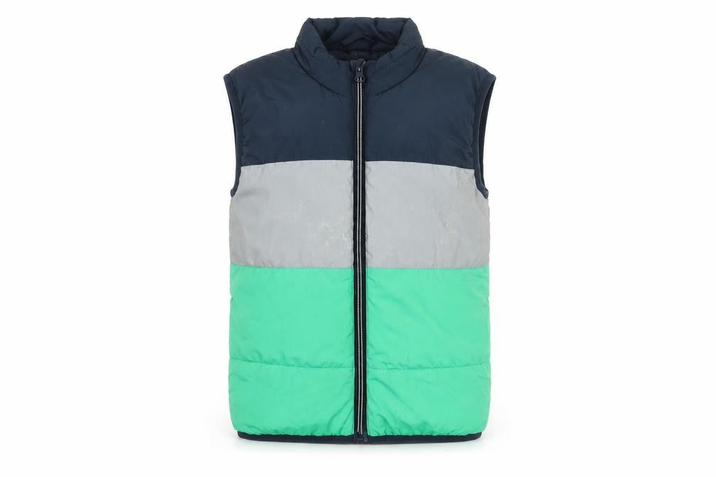 Front view of NAME IT boys’ blue striped gilet coat, size 7, years zip