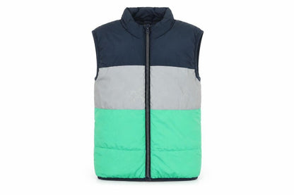 Front view of NAME IT boys’ blue striped gilet coat, size 7, years zip