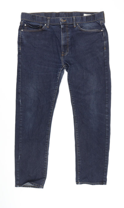 M&S Womens Blue Cotton Tapered Jeans Size 36 in L27 in Regular Zip