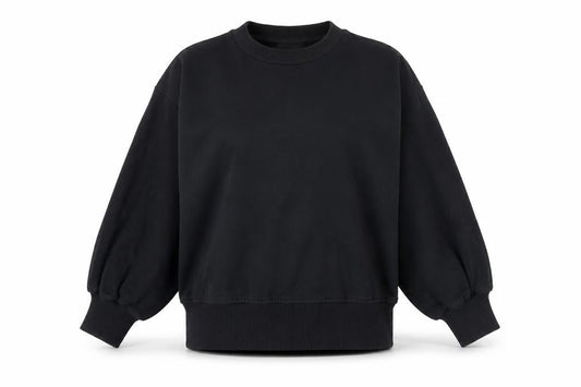 Front view of ASOS women’s black cotton pullover sweatshirt, size UK 4