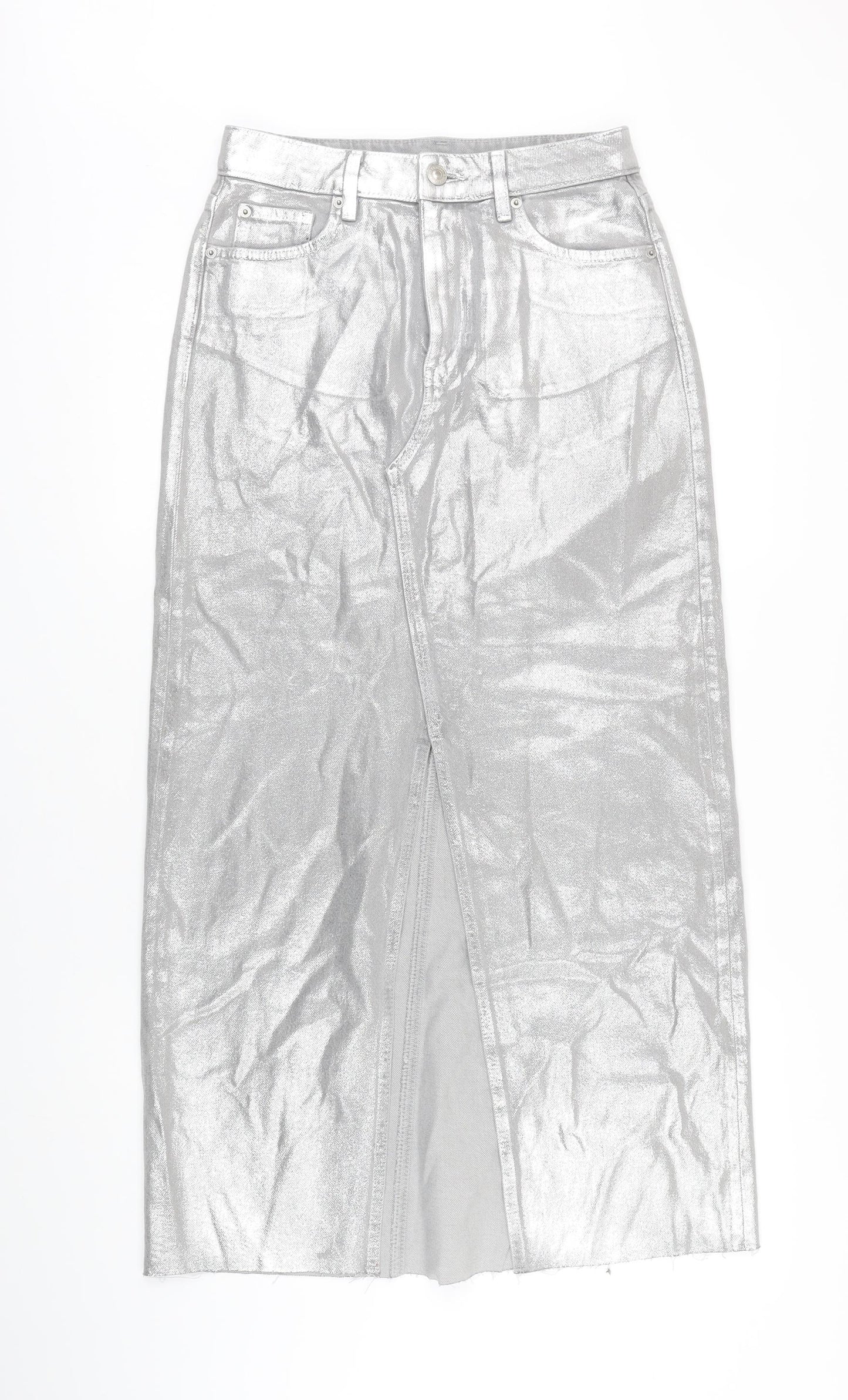 M&S Womens Silver Cotton Blend Maxi Skirt Size 8 Zip - Raw Hem Detail