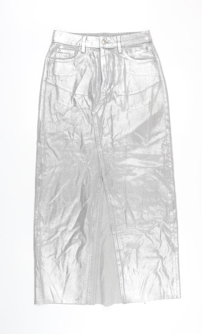M&S Womens Silver Cotton Blend Maxi Skirt Size 8 Zip - Raw Hem Detail
