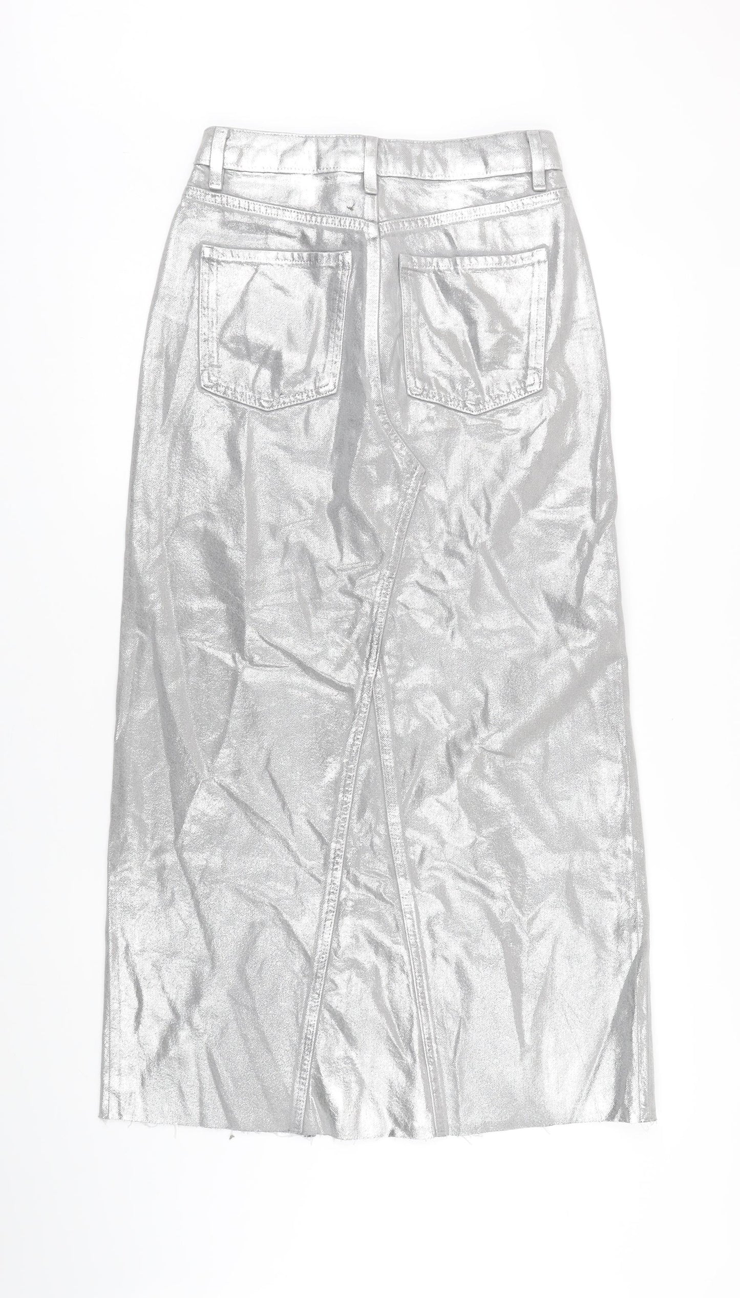 M&S Womens Silver Cotton Blend Maxi Skirt Size 8 Zip - Raw Hem Detail