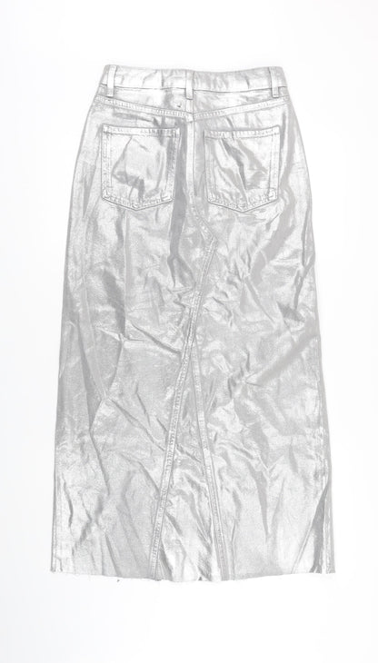 M&S Womens Silver Cotton Blend Maxi Skirt Size 8 Zip - Raw Hem Detail