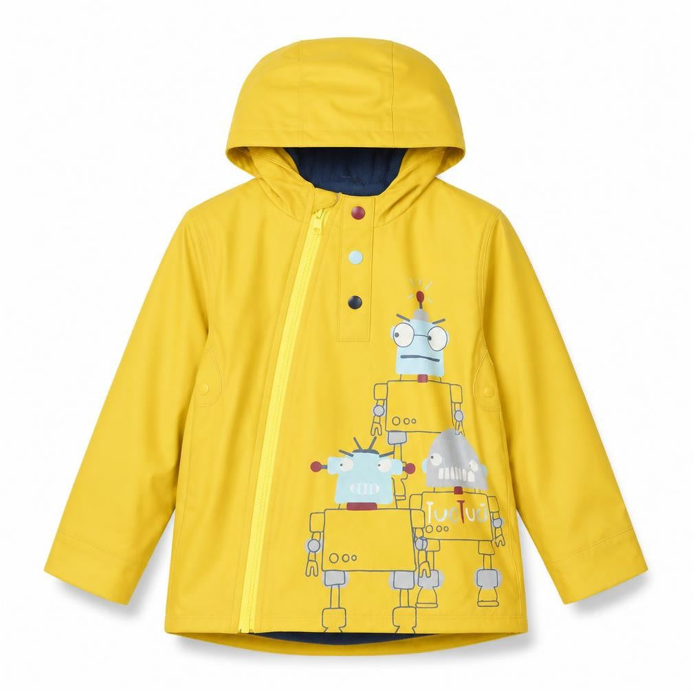 Front view of tuc tuc boys’ yellow rain coat coat, size 5, years zip