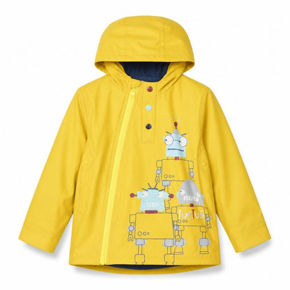 Front view of tuc tuc boys’ yellow rain coat coat, size 5, years zip