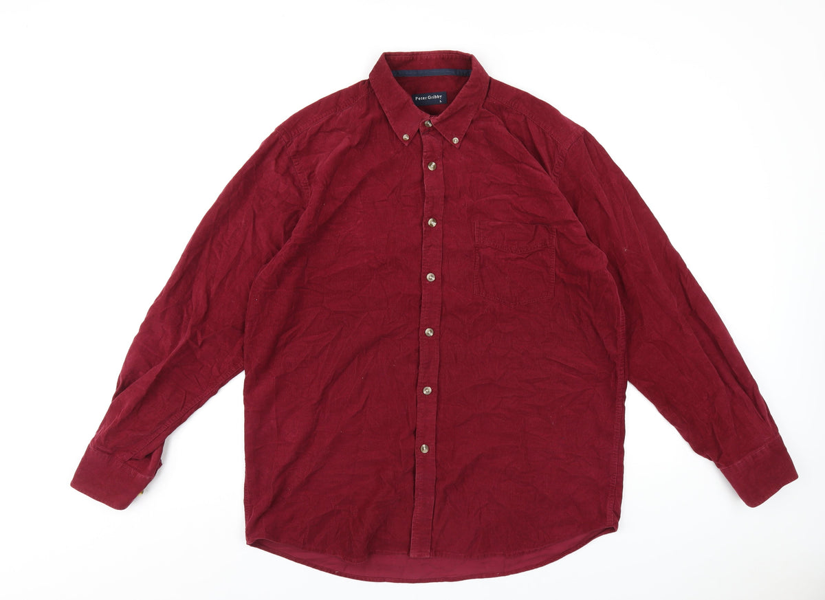 Peter Gribby Mens Red Polyester Button-Up Size L Collared Button
