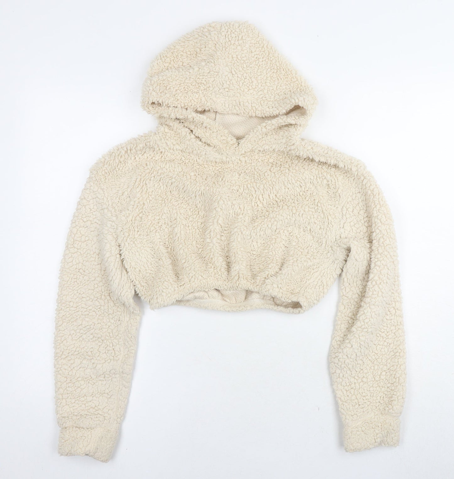 PRETTYLITTLETHING Womens Beige Polyester Pullover Hoodie Size S Pullover - Teddy Fleece Cropped