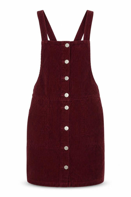 Front view of Miss Selfridge women’s red cotton pinafore/dungaree dress, size UK 6, square neck button