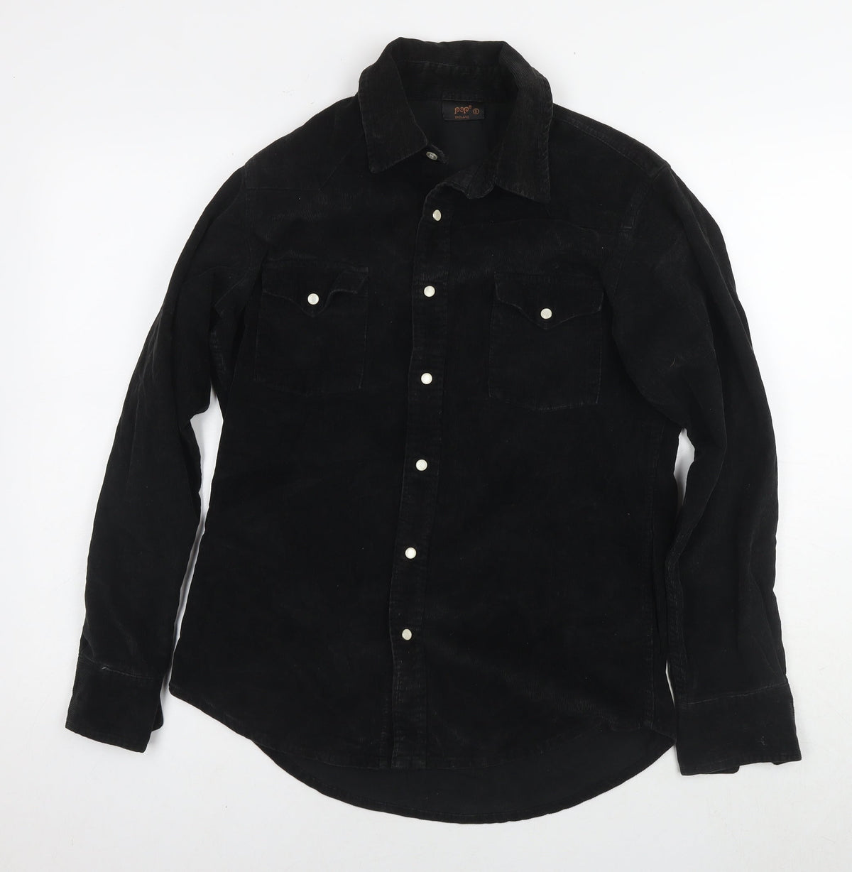 POP Mens Black Cotton Button-Up Size S Collared Snap