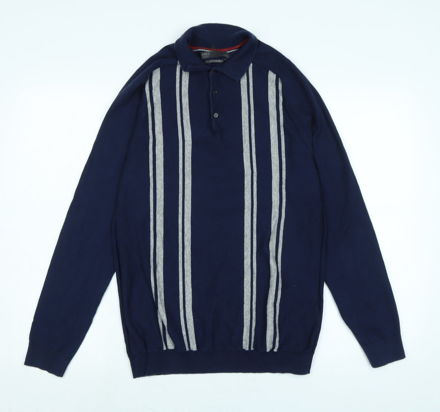 Marks and Spencer Mens Blue Collared Cotton Pullover Jumper Size M Long Sleeve