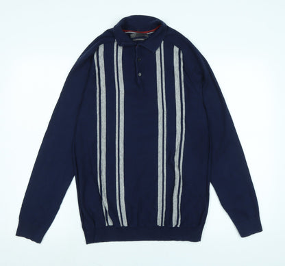 Marks and Spencer Mens Blue Collared Cotton Pullover Jumper Size M Long Sleeve