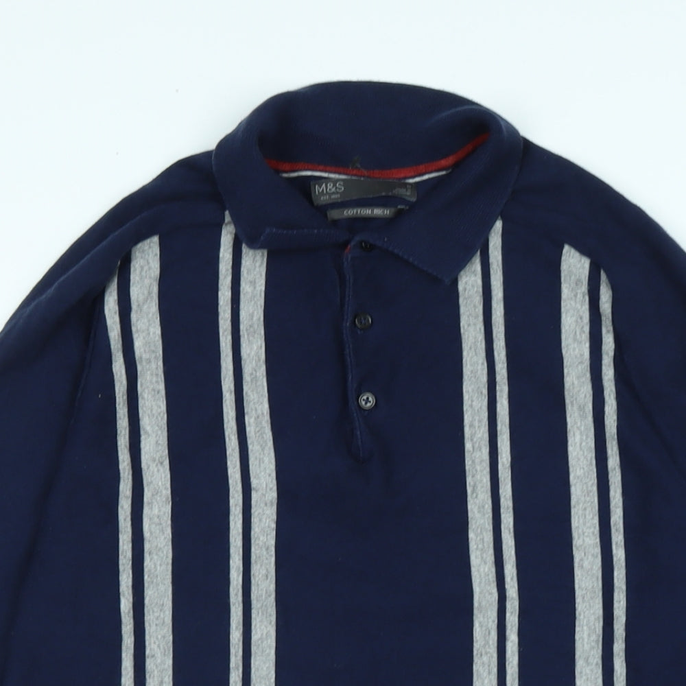 Marks and Spencer Mens Blue Collared Cotton Pullover Jumper Size M Long Sleeve