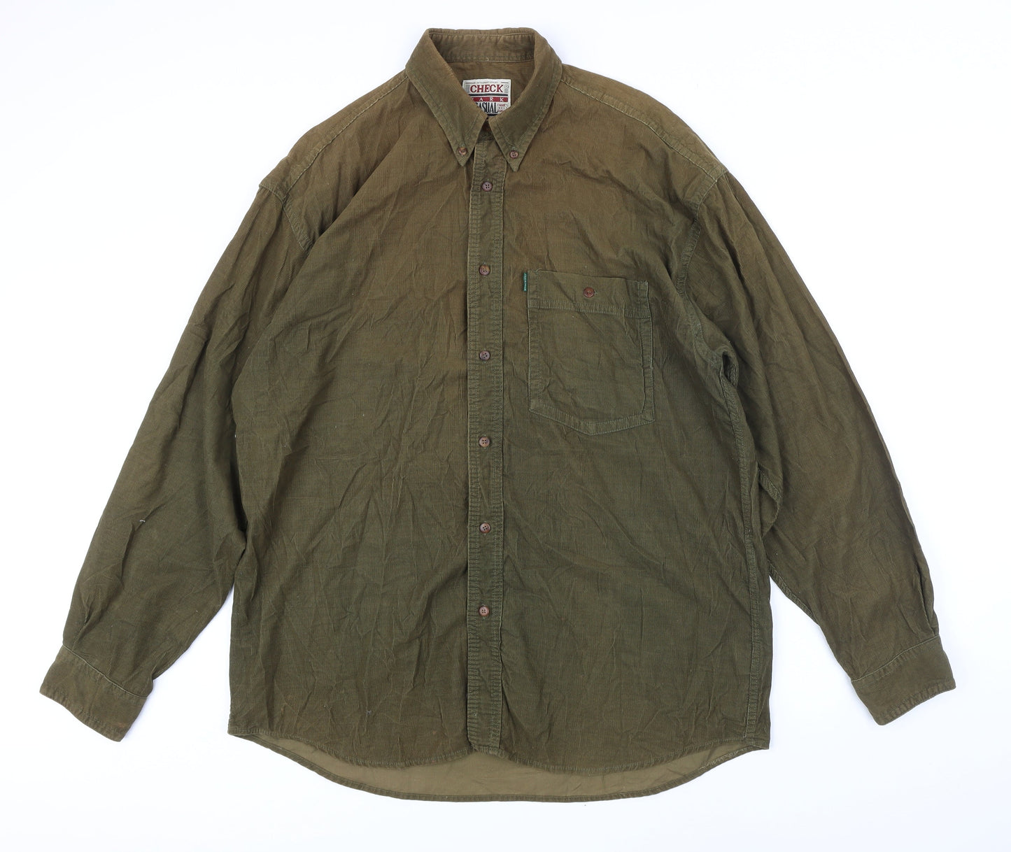 Check Mark Mens Green Cotton Button-Up Size M Collared Button