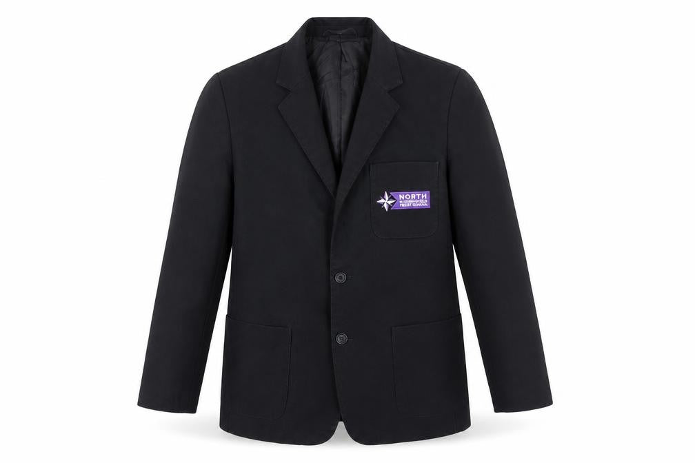 Front view of Trutex boys’ black jacket blazer, size L, button - north huddersfield trust school