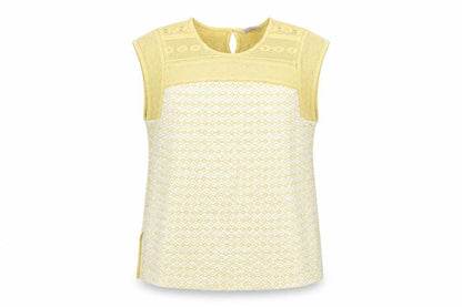 Marks & Spencer Womens Yellow Geometric Cotton Basic Blouse Size 14 Round Neck - Crochet Detail