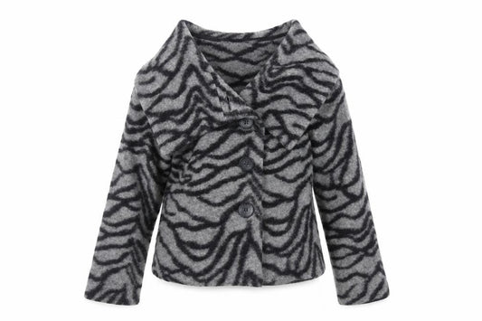 Front view of Kaliko women’s grey animal print jacket, size UK 14, button