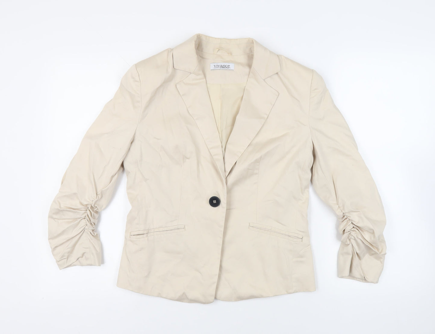 Vivance Collection Womens Beige Jacket Blazer Size 14 Button - Ruched Sleeves