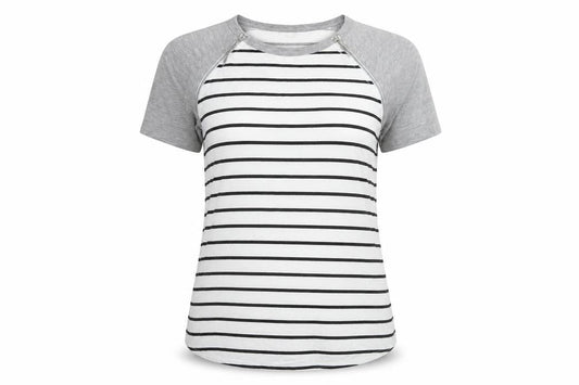 Front view of ASOS women’s white striped cotton basic t-shirt, size UK 10, round neck - zip detail