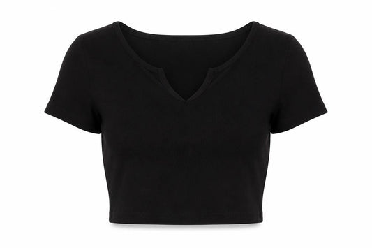 Front view of ASOS women’s black cotton cropped t-shirt, size UK 14, v-neck