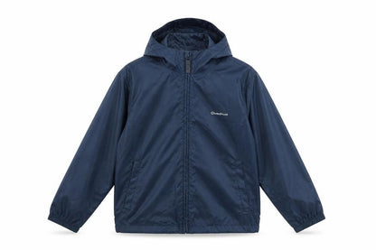 Front view of Quechua boys’ blue rain coat coat, size 10, years zip