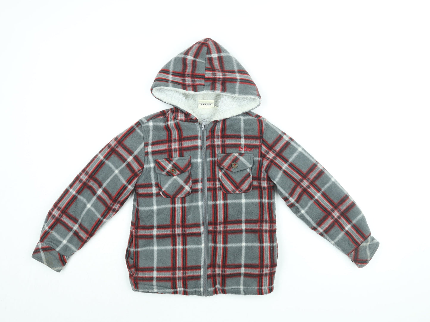 Lee Cooper Boys Grey Plaid Polyester Full Zip Hoodie Size 8 Years Zip