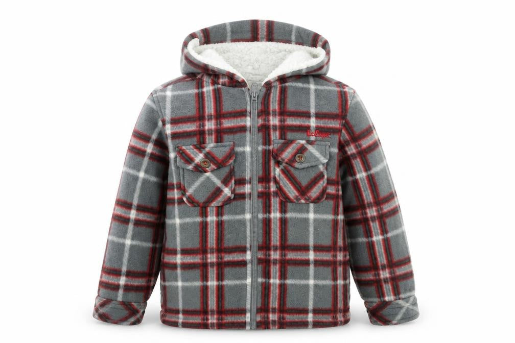 Front view of Lee Cooper boys’ grey plaid polyester full zip hoodie, size 8, years zip