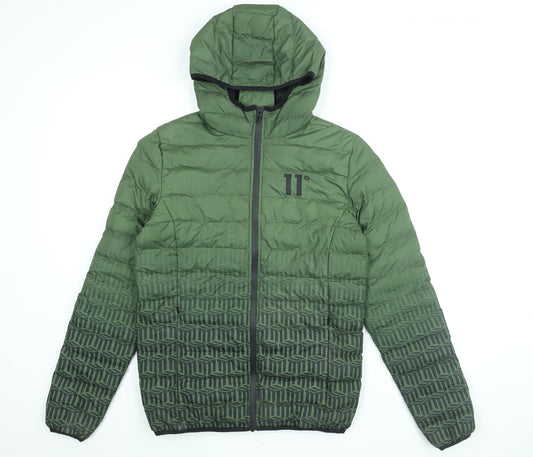 11 degrees Mens Green Geometric Puffer Jacket Coat Size XS Zip