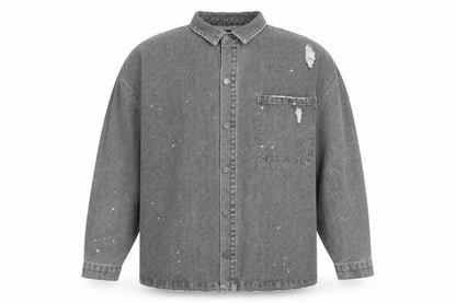 Boohoo Mens Grey Cotton Button-Up Size L Collared Button - Paint splatter effect, Distressed