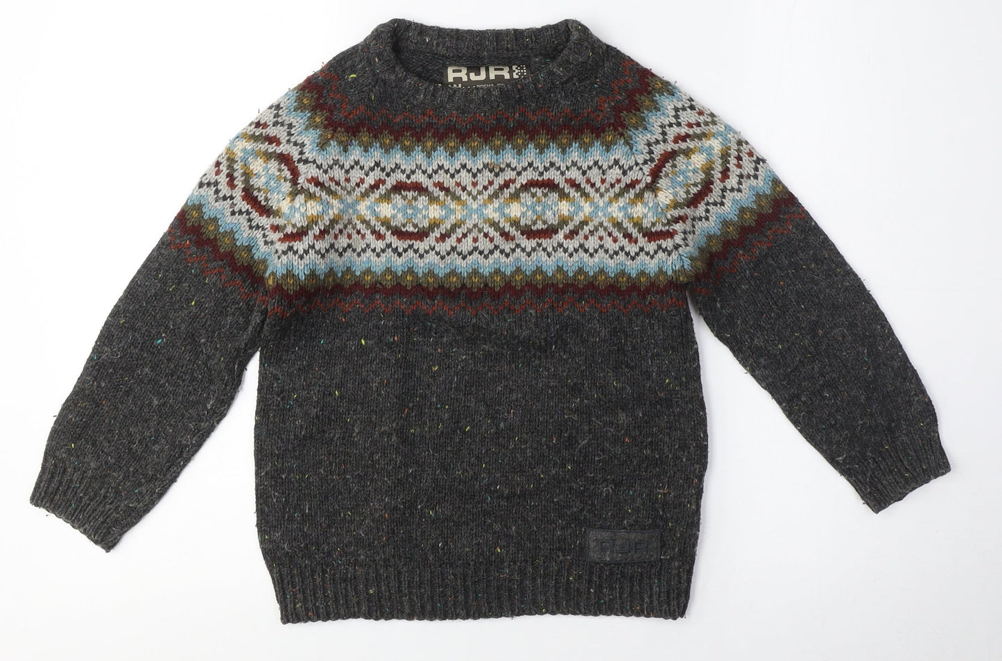 RJR Boys Grey Fair Isle Wool Blend Pullover Jumper, M, Autumn/Winter