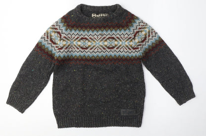 RJR Boys Grey Fair Isle Wool Blend Pullover Jumper, M, Autumn/Winter