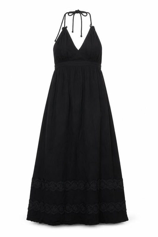 Front view of Miss Selfridge women’s black viscose a-line, size UK 12, halter tie