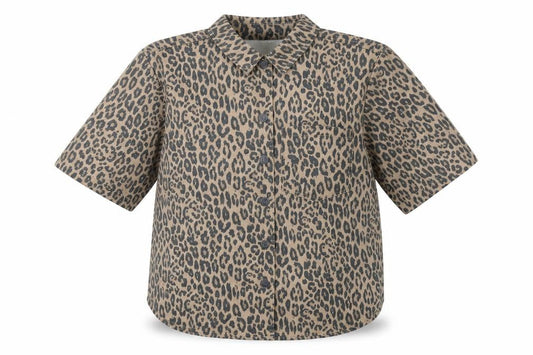 Front view of Object women’s brown animal print cotton basic button-up, size S, collared - leopard print