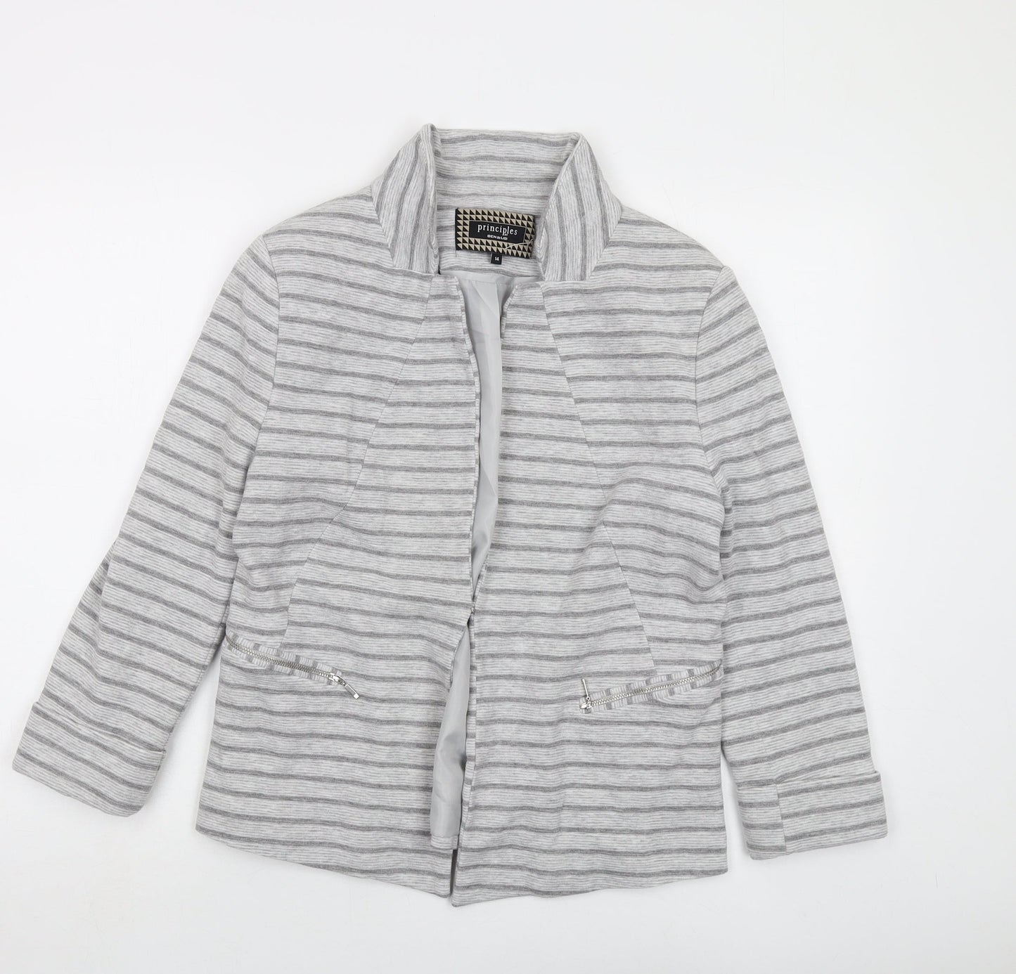 Principles Womens Grey Striped Jacket Size 14 Hook & Eye