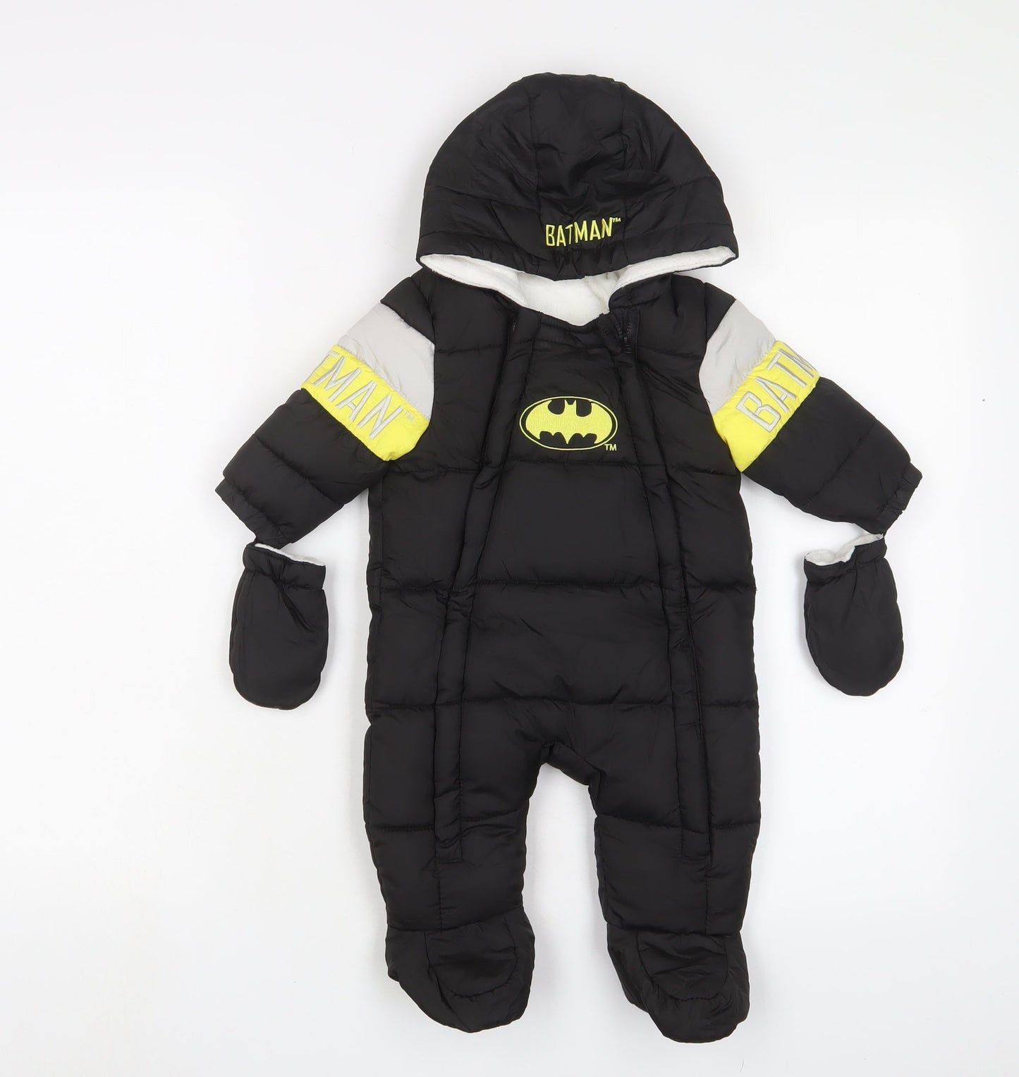 Batman Boys Black Quilted Snowsuit Size 3-6 Months Zip - Embroidered