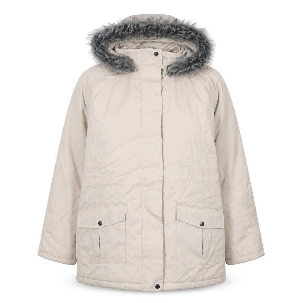 Front view of Atlas women’s beige parka coat, size UK 8, zip